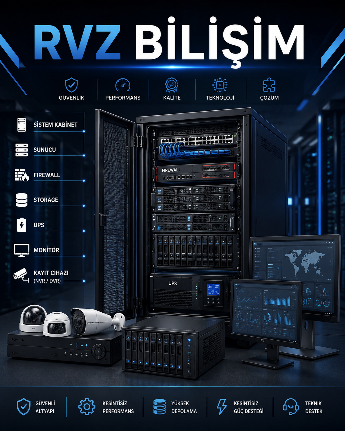 RVZ Bilişim sistem kabineti — sunucu, firewall, storage, UPS, monitör ve kayıt cihazı